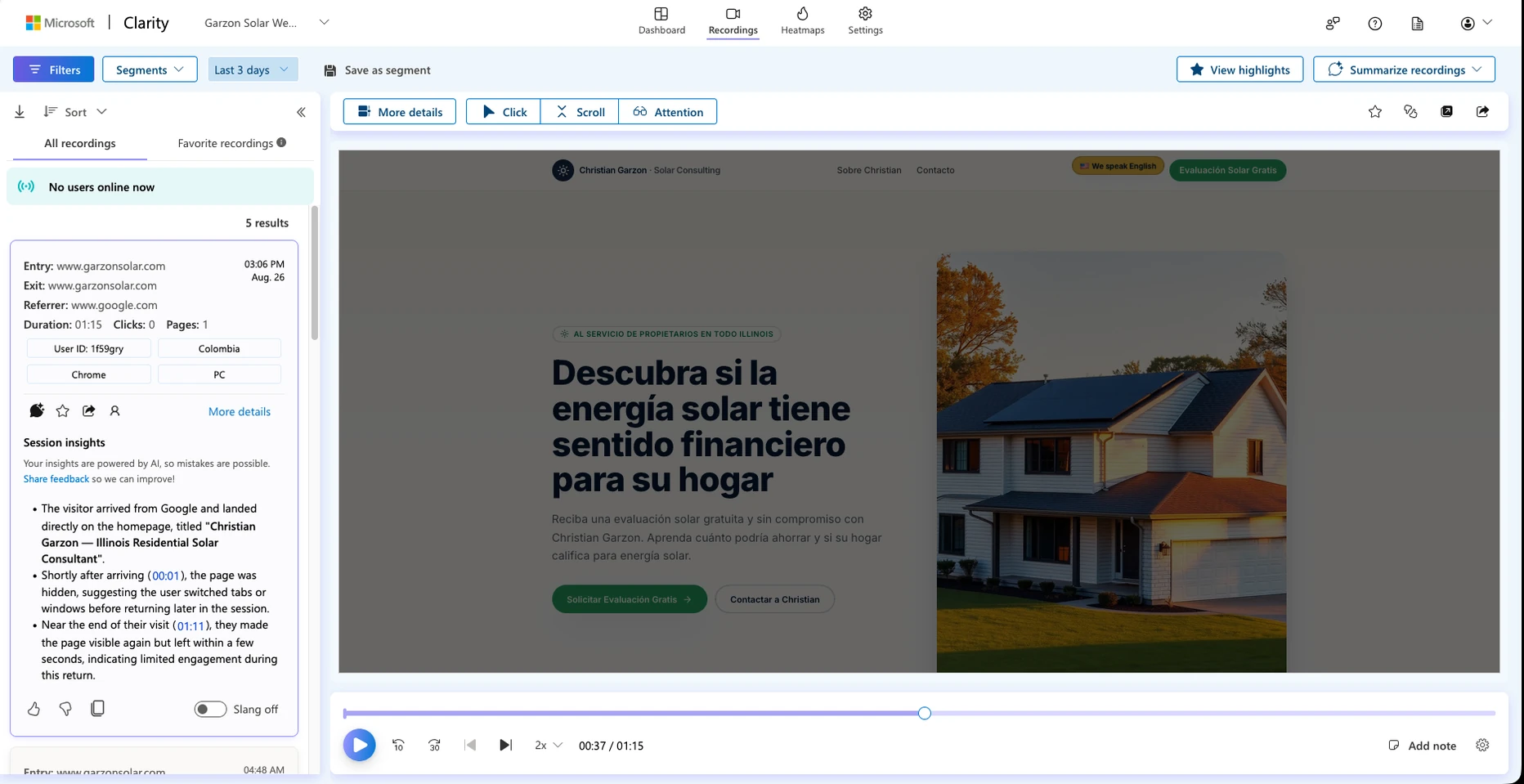 Microsoft Clarity behavior analysis interface for the Garzon Solar website