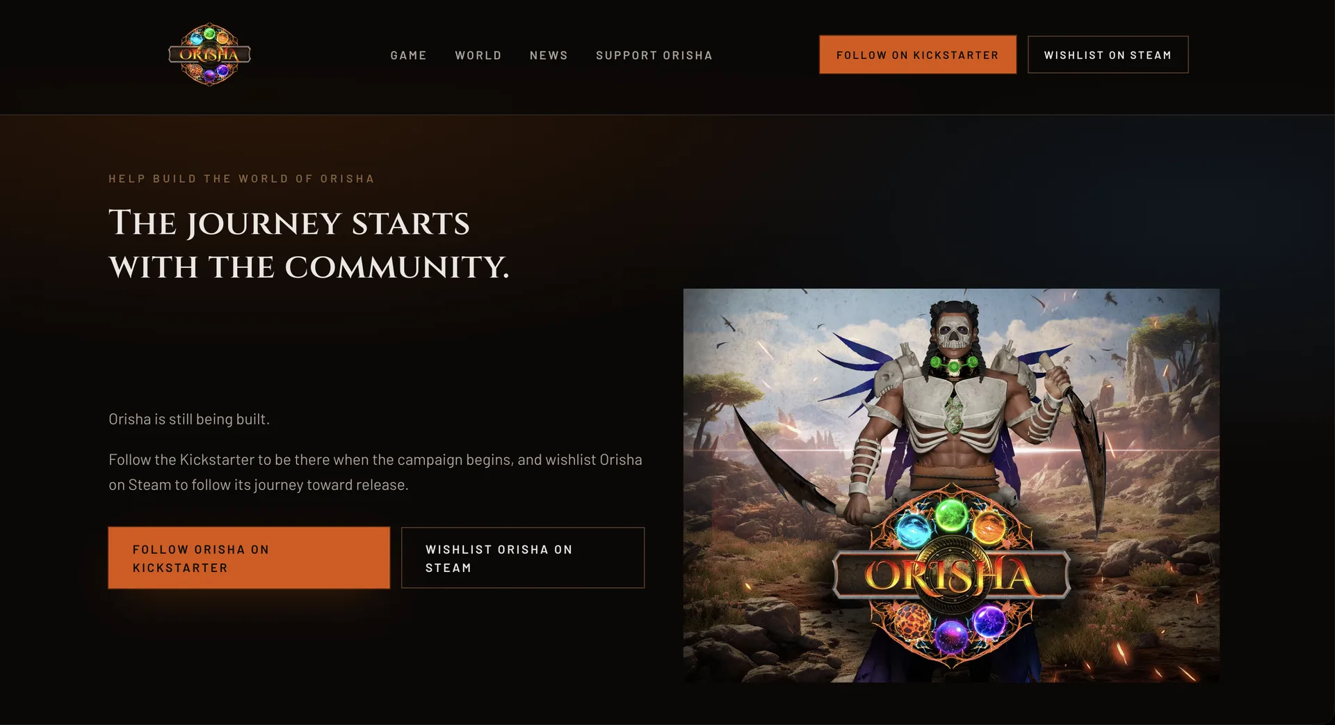 Orisha redesigned support section — “The journey starts with the community” — with Kickstarter and Steam calls to action, in development