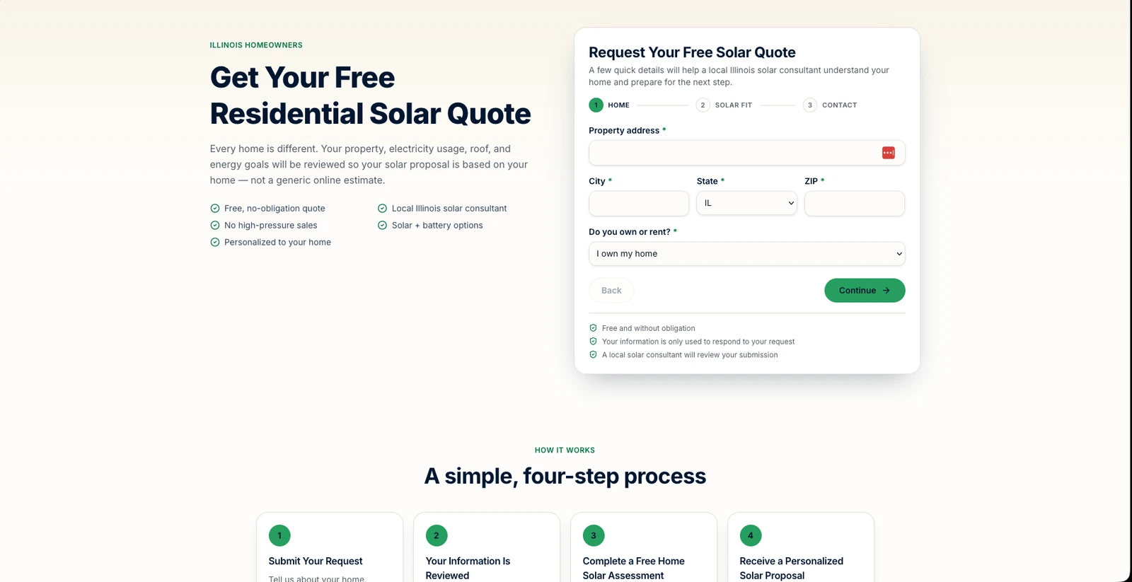 Garzon Solar free residential solar quote landing page with a multi-step request form