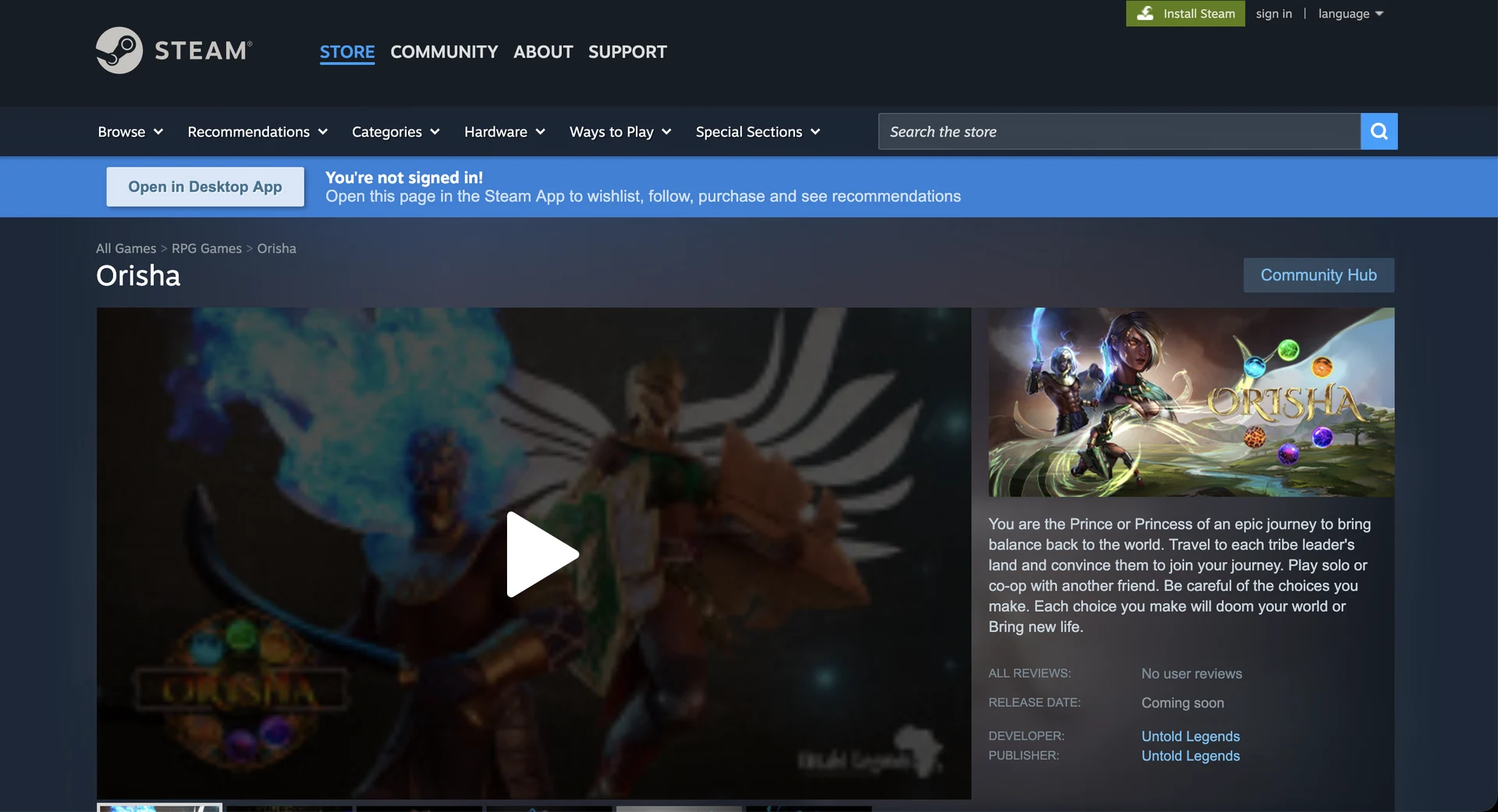 Orisha Steam store page, listed as Coming soon