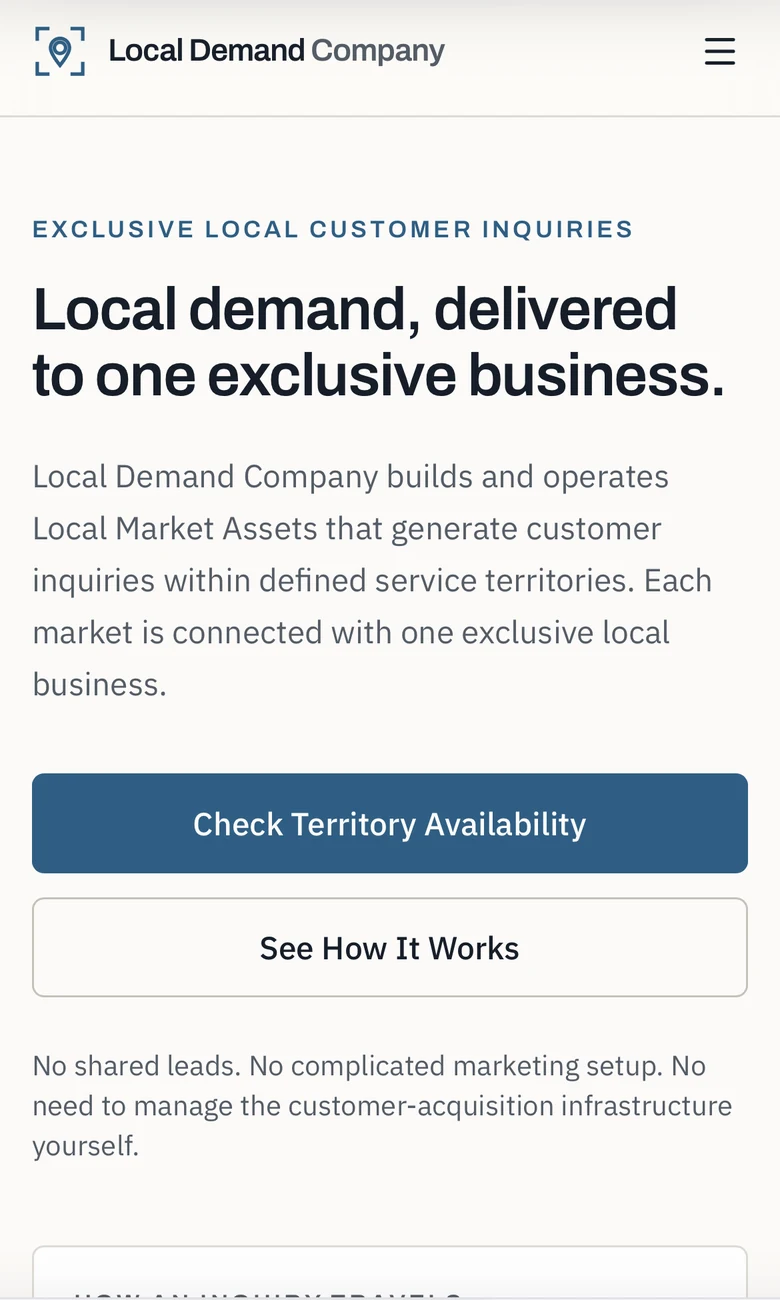 Local Demand Company homepage on a phone showing the headline and territory availability call to action