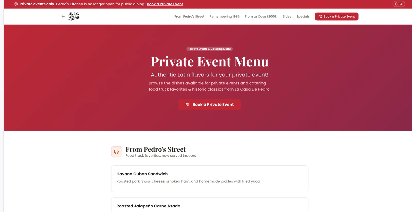 Pedro's Kitchen private event menu page on the website