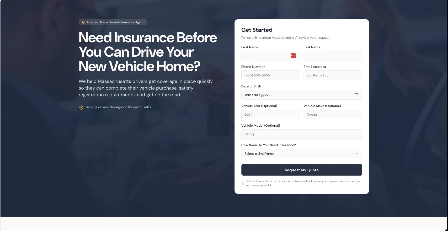 Buying a vehicle landing page with a quote request form asking for contact details and optional vehicle year, make and model
