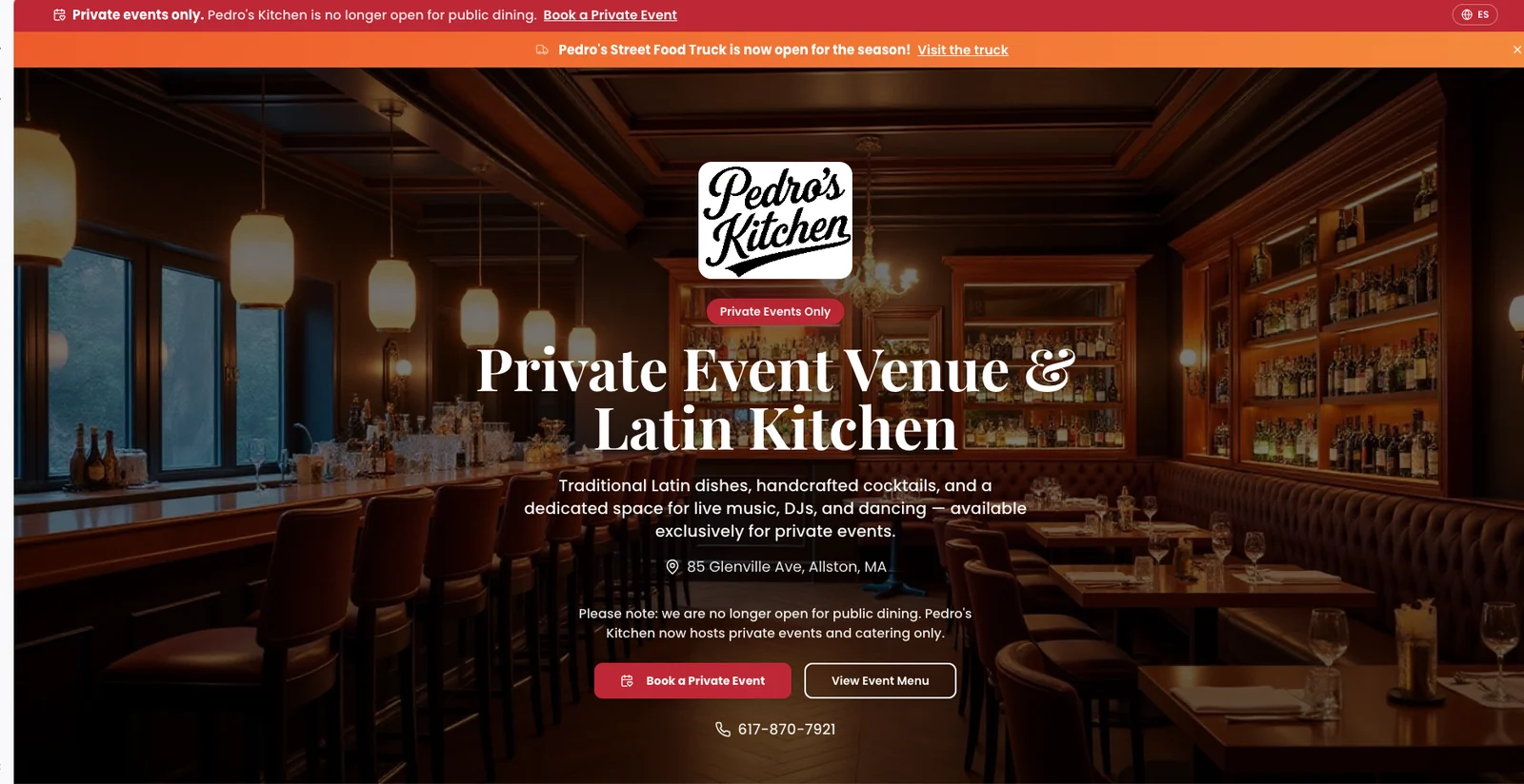 Pedro's Kitchen restaurant website homepage displayed on desktop