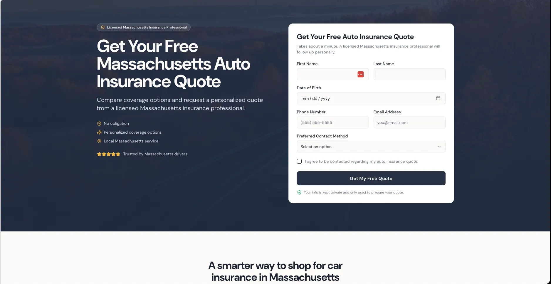 Free Massachusetts auto insurance quote landing page with a short quote form and preferred contact method selector