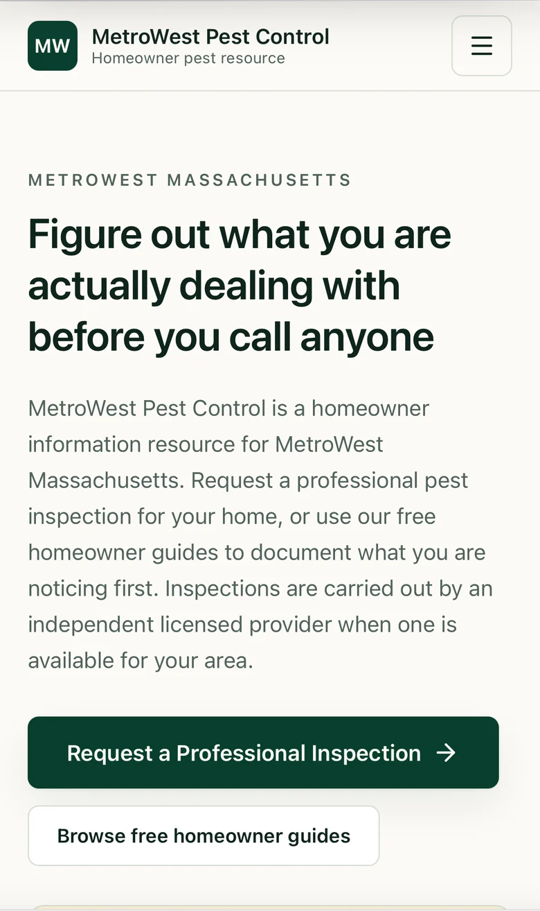 MetroWest Pest Control homepage on a phone showing the headline, intro copy, and inspection request button