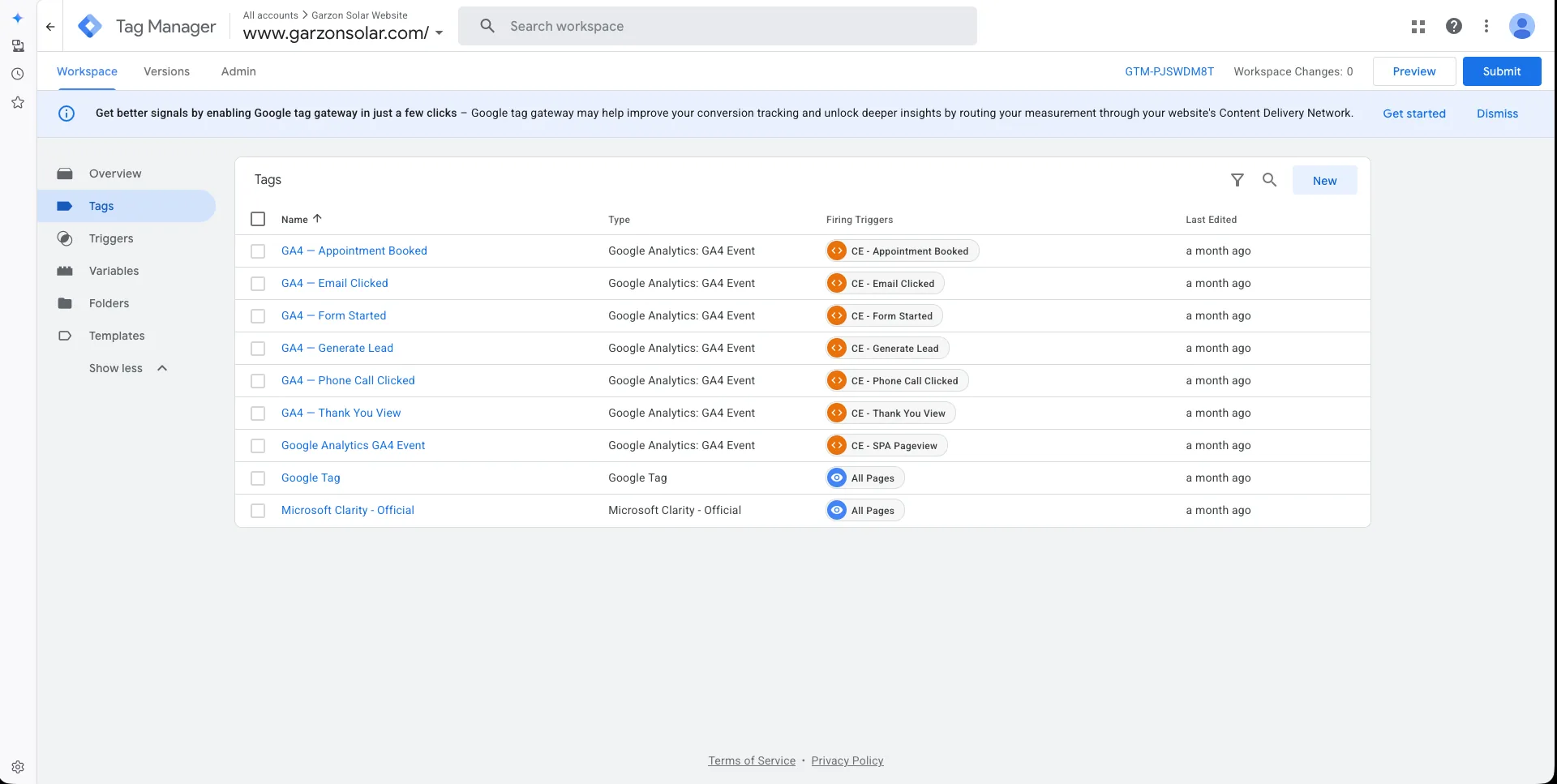 Google Tag Manager workspace for the Garzon Solar website showing GA4 conversion event tags and their firing triggers