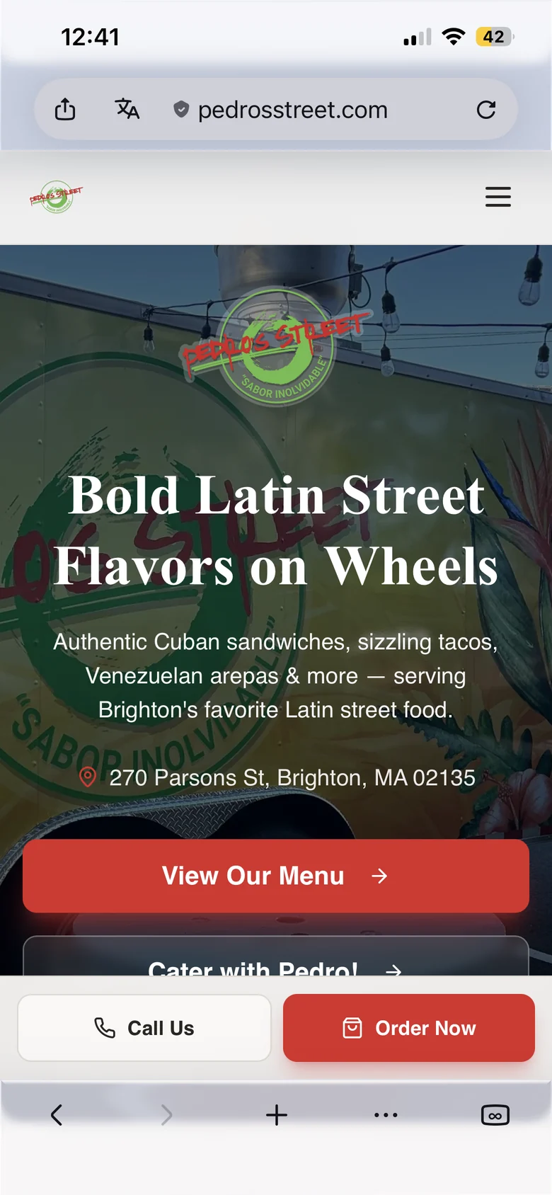 Pedro's Street food truck website displayed on mobile