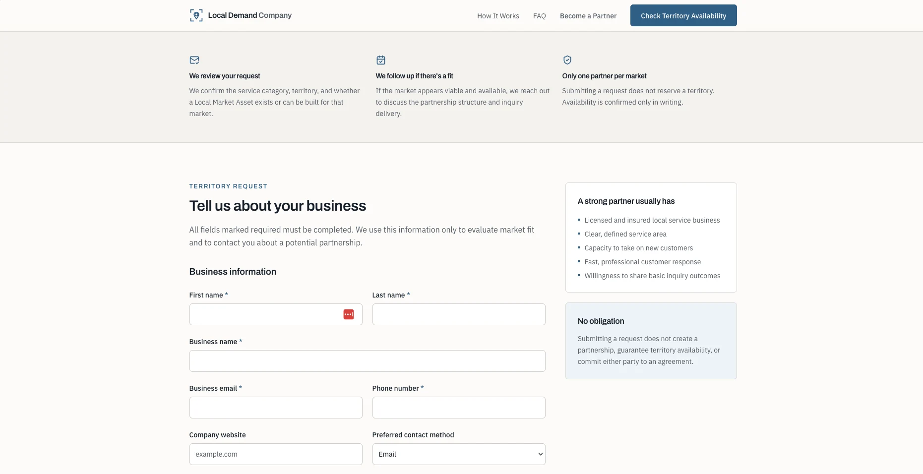 Local Demand Company “Tell us about your business” territory request form with partner-fit guidance