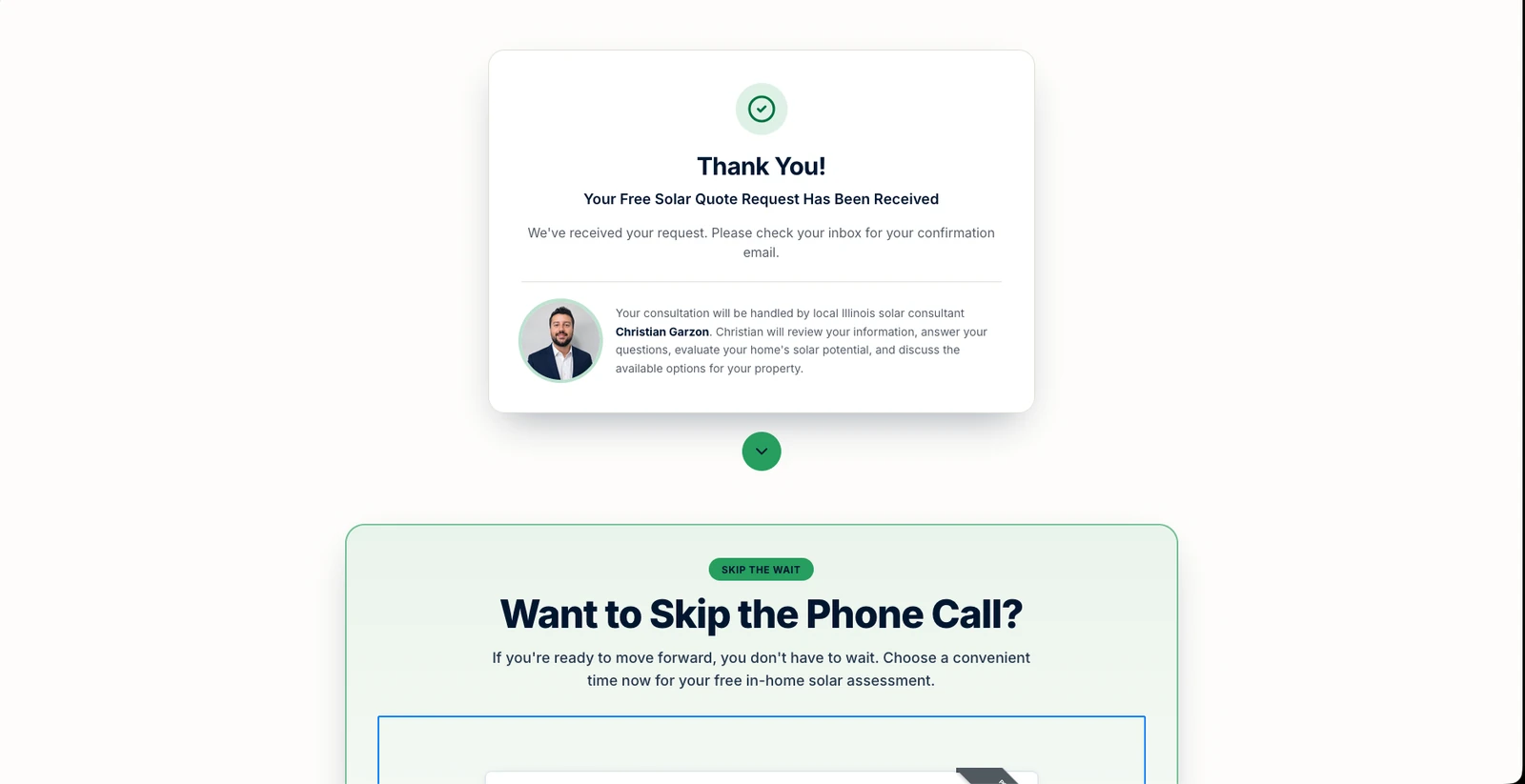Garzon Solar thank-you page confirming a solar quote request and offering appointment scheduling