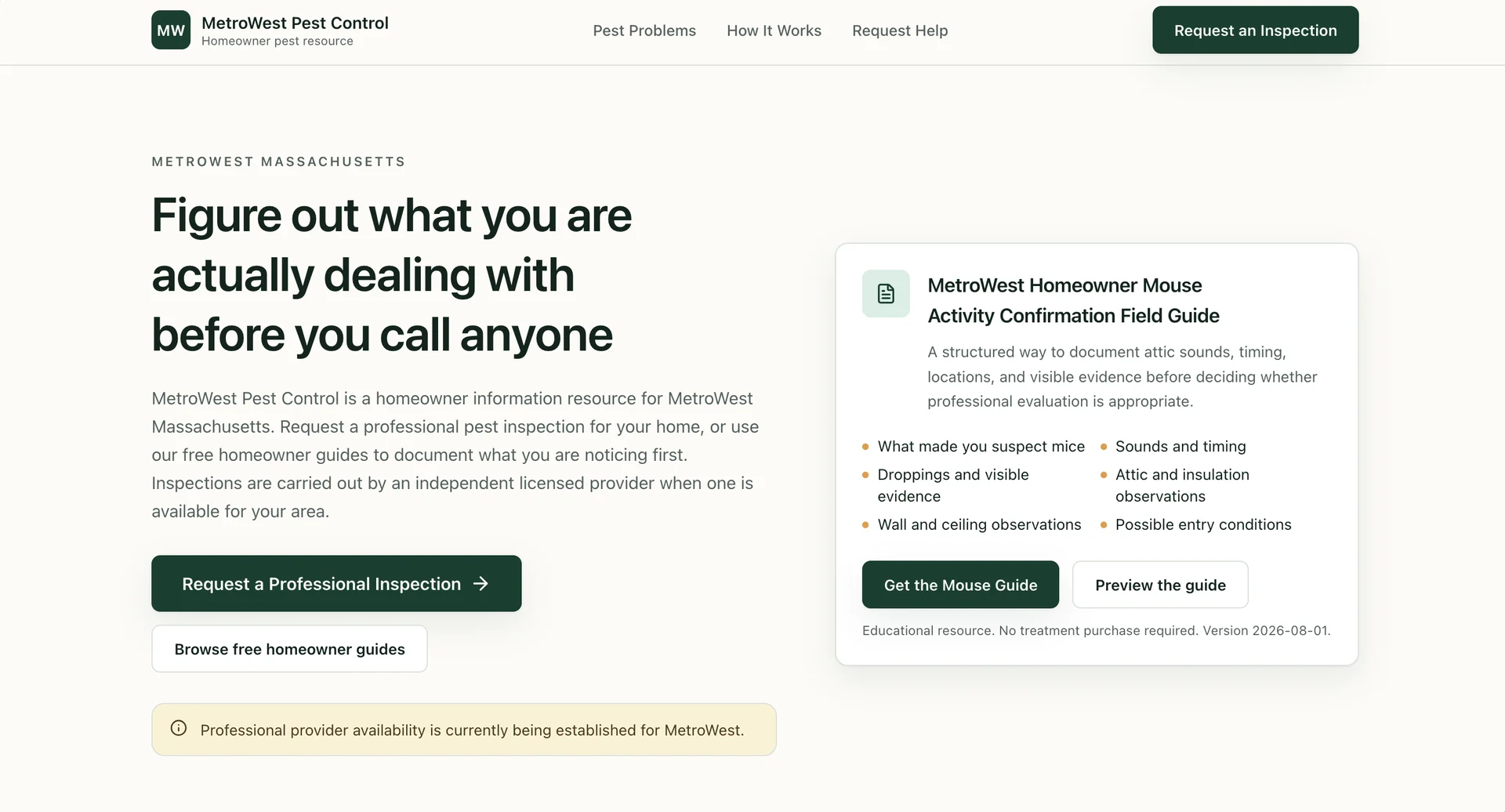 MetroWest Pest Control homepage with the headline “Figure out what you are actually dealing with before you call anyone” and a homeowner field-guide panel