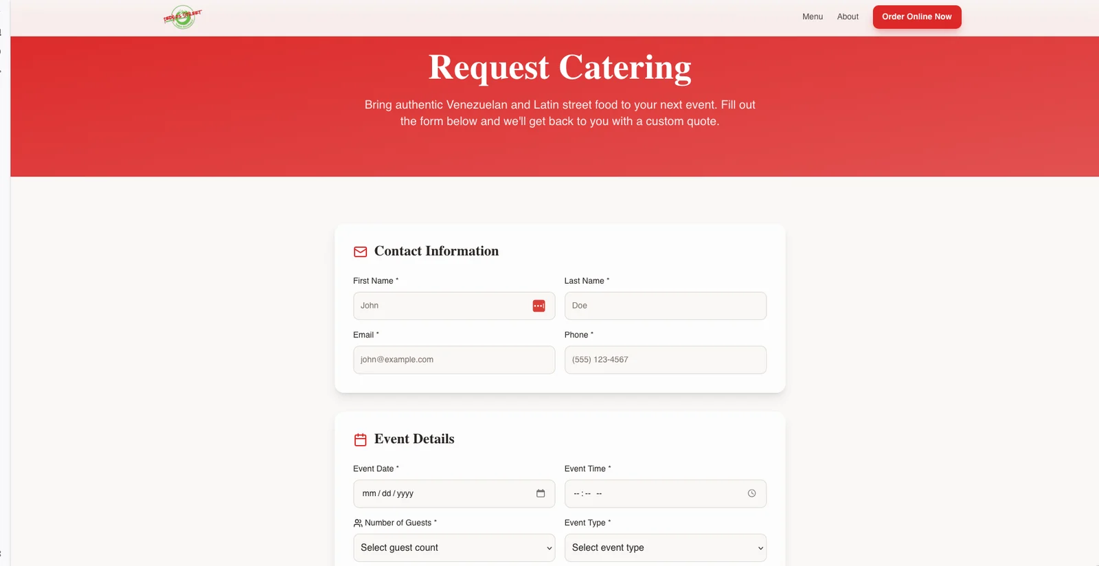 Pedro's Street catering page showing the catering inquiry experience