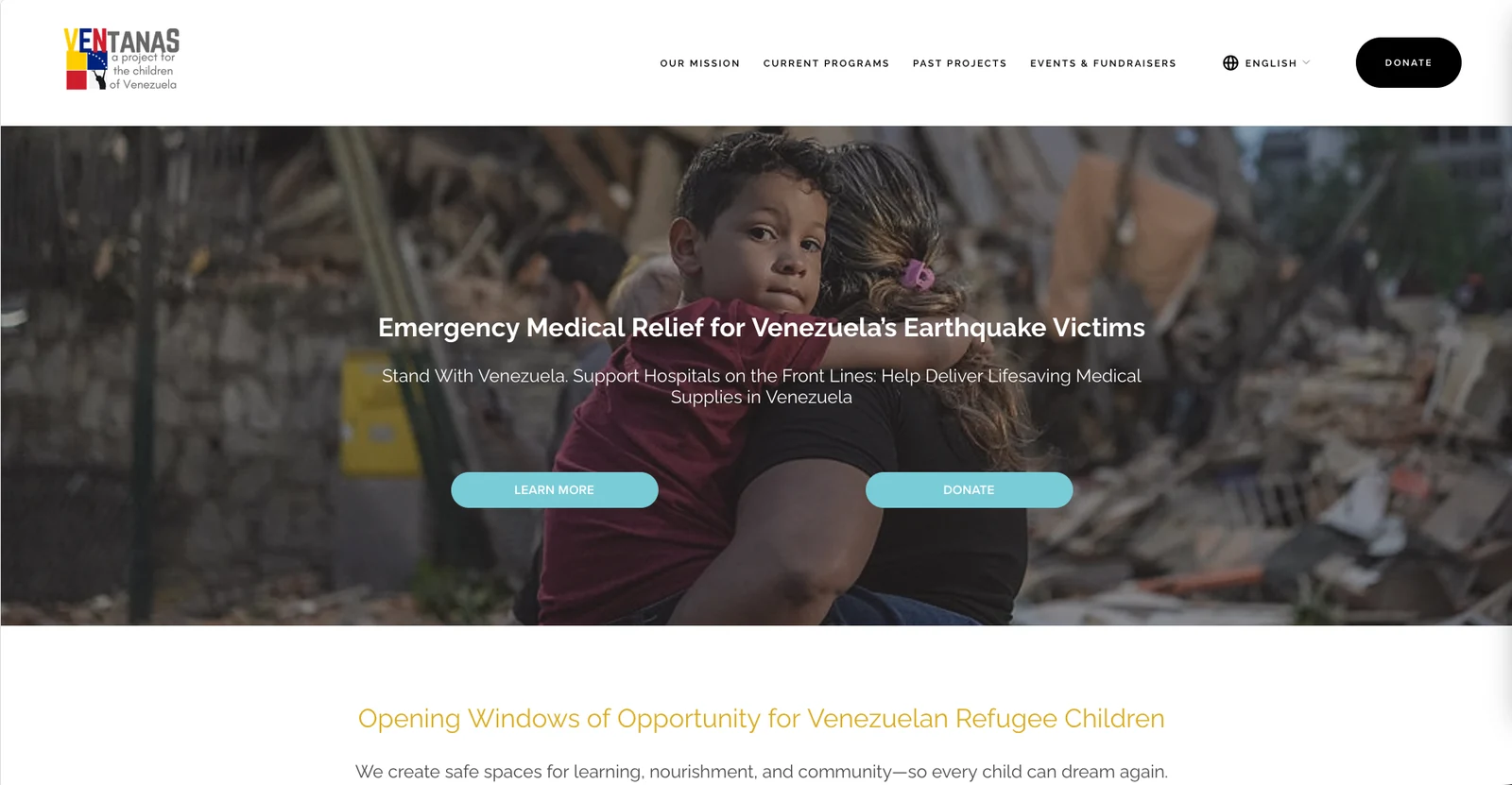 Ventanas for the Children of Venezuela website homepage displayed on desktop