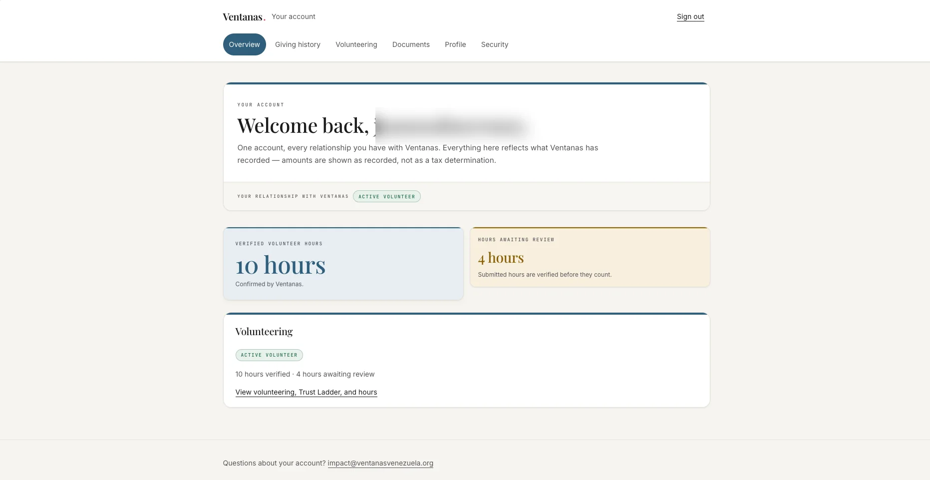 Ventana's OS volunteer account interface with the account username redacted