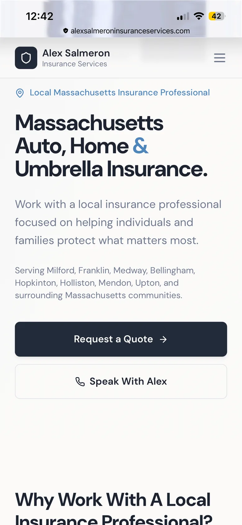 Alex Salmeron Insurance Services homepage on a mobile phone, showing the hero section and request a quote actions