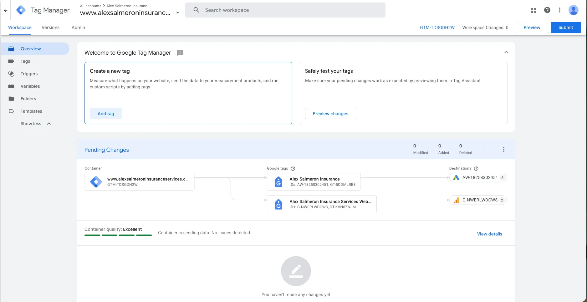 Google Tag Manager workspace overview for the Alex Salmeron Insurance Services container showing connected Google tags and destinations