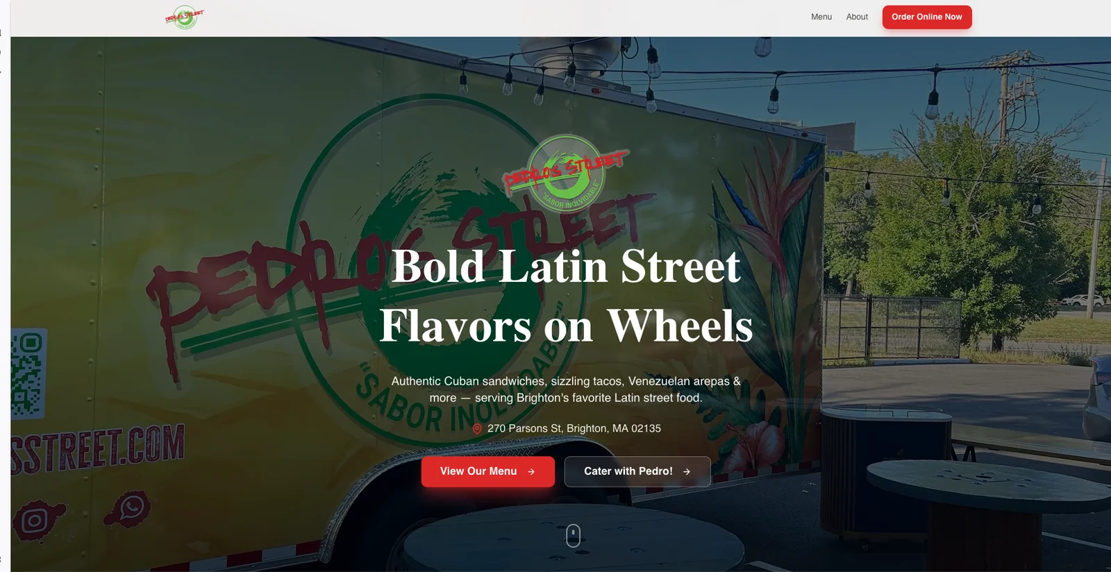 Pedro's Street food truck website homepage displayed on desktop