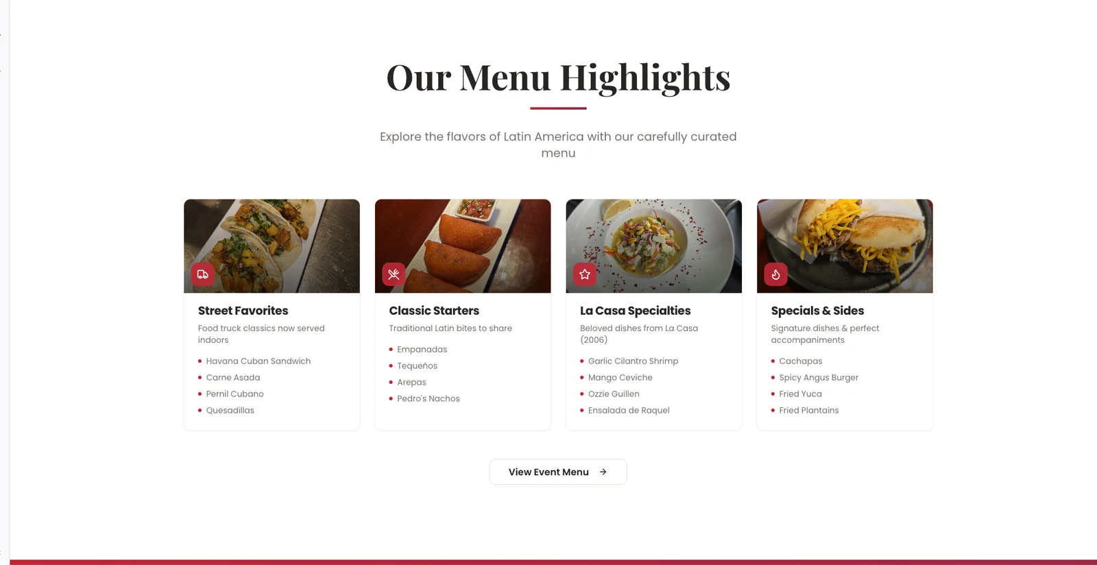 Pedro's Kitchen restaurant menu displayed on the website
