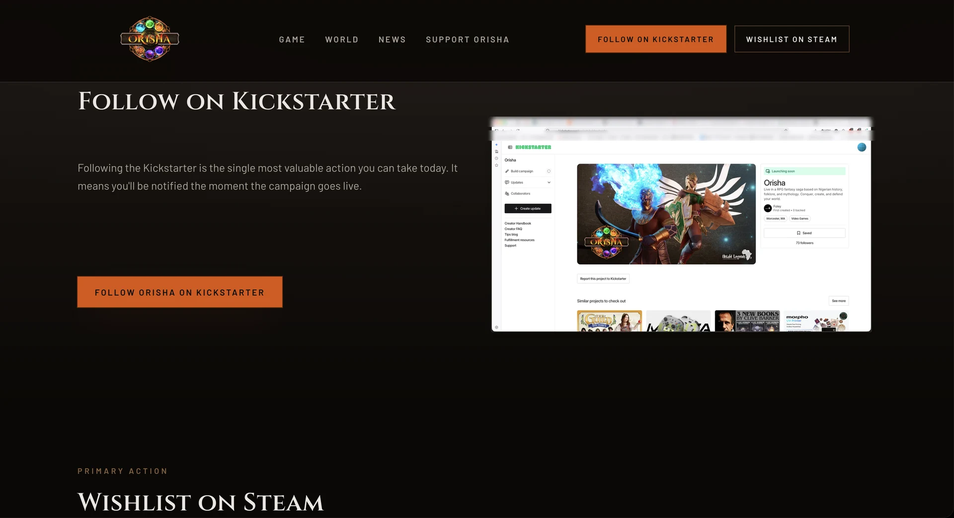 Orisha redesigned support section showing the Kickstarter conversion path, in development