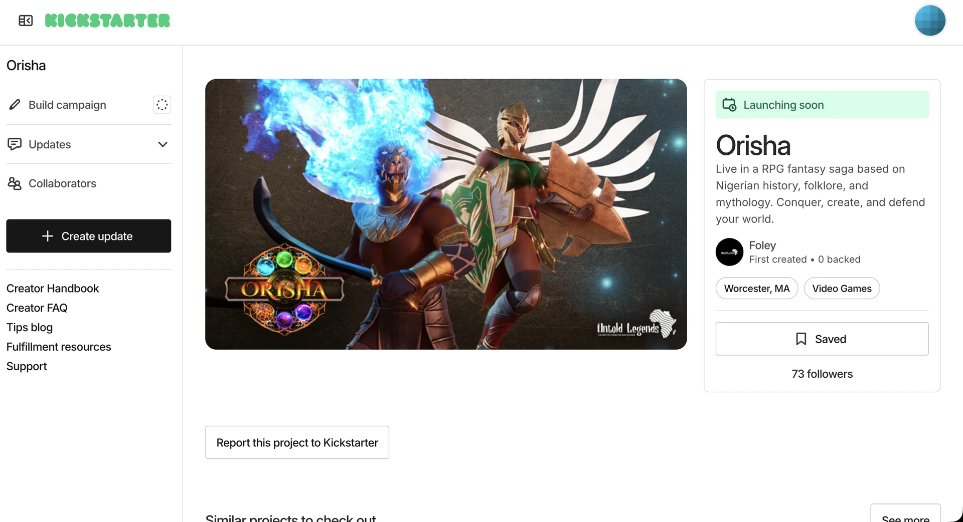 Orisha pre-launch Kickstarter page, shown as the redesign's Kickstarter conversion path