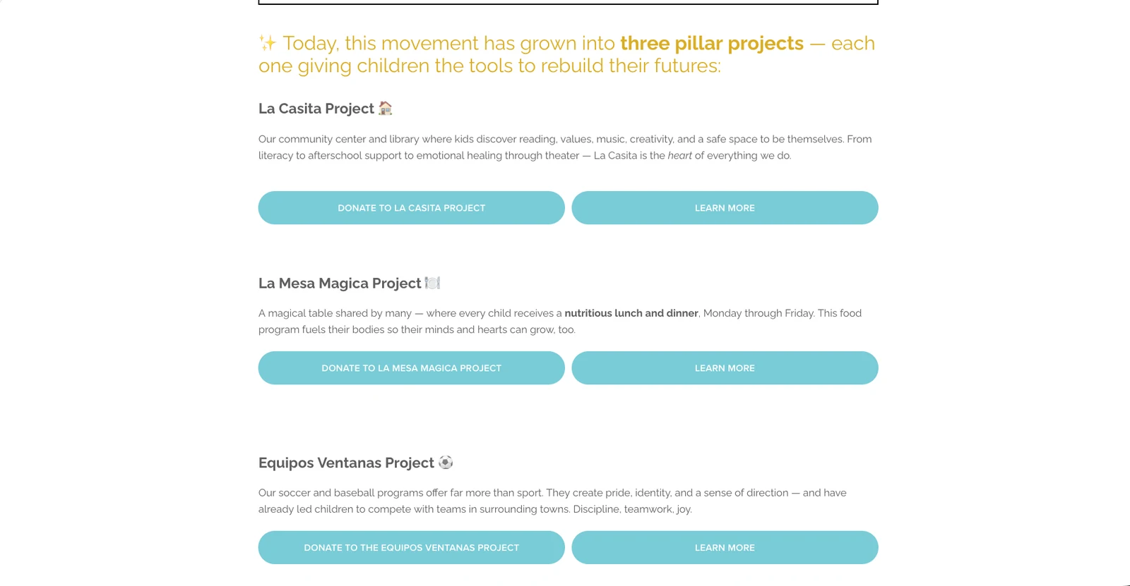 Interior page of the Ventanas for the Children of Venezuela nonprofit website