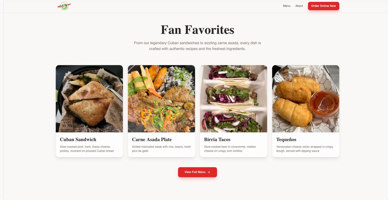 Pedro's Street website section showing fan favorite menu items