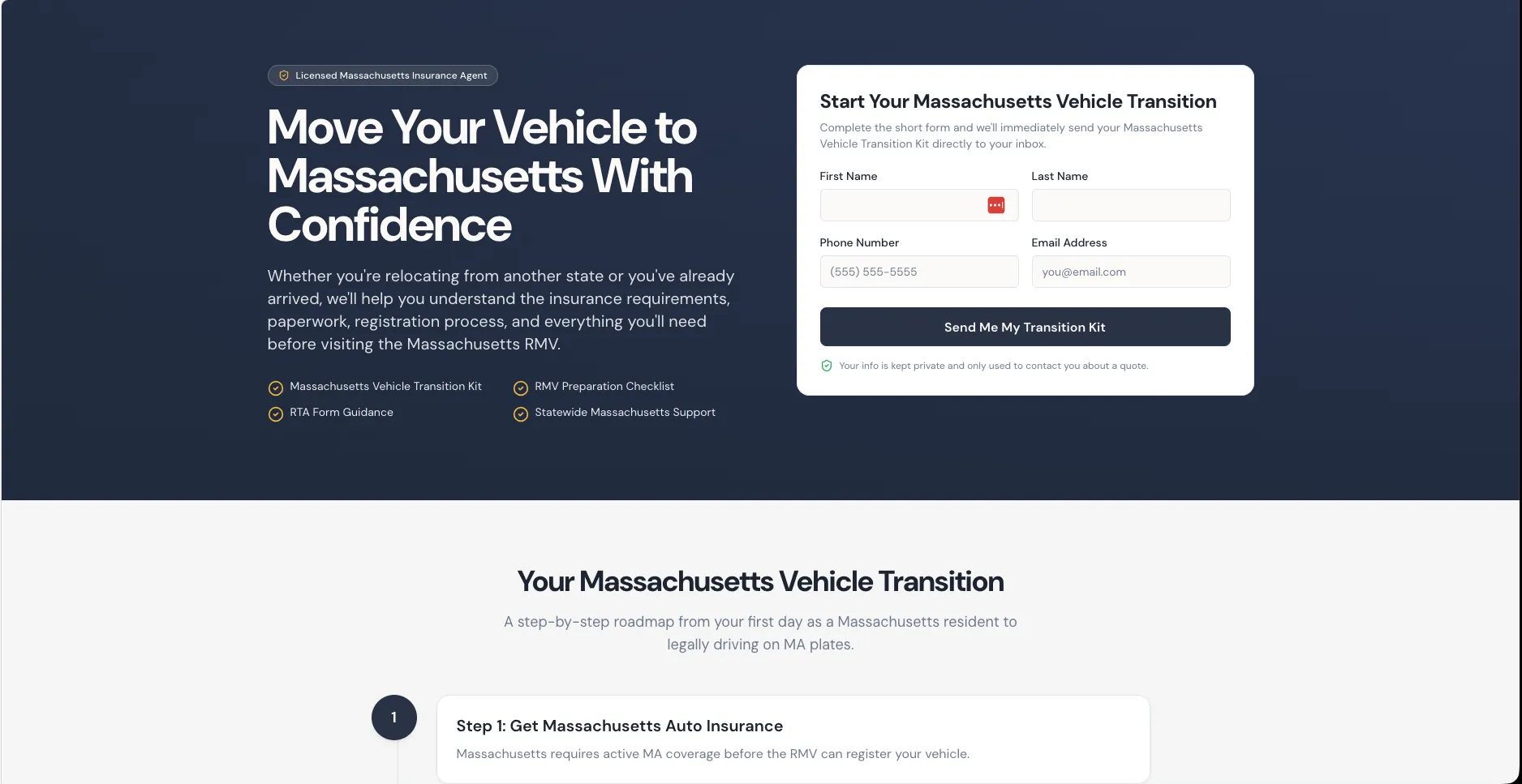 Moving to Massachusetts landing page with a vehicle transition kit request form and a step-by-step registration roadmap
