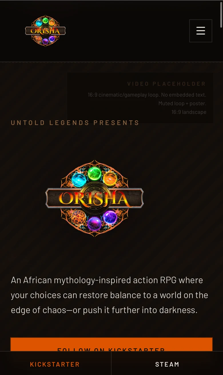 Orisha redesigned homepage on a mobile device, in development