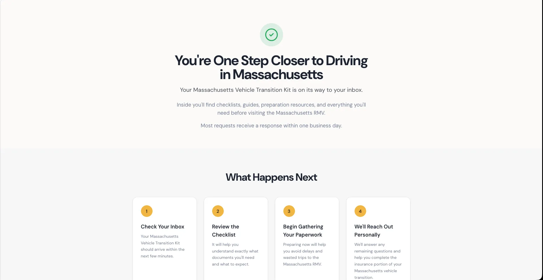 Thank you page confirming the Massachusetts vehicle transition kit is on its way, with a what happens next sequence