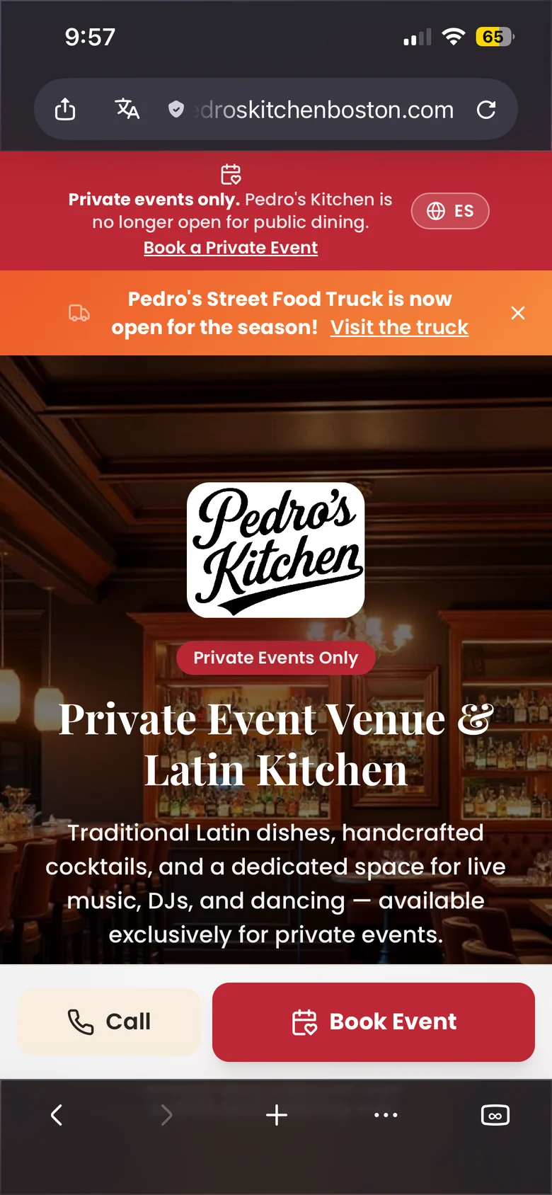 Pedro's Kitchen restaurant website displayed on mobile