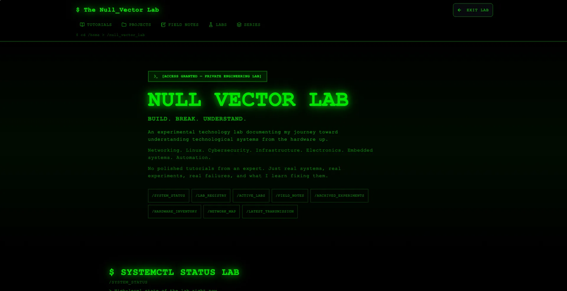 The Null Vector Lab public lab interface on Alex Salmeron Tech, showing lab registry, active labs and field notes sections