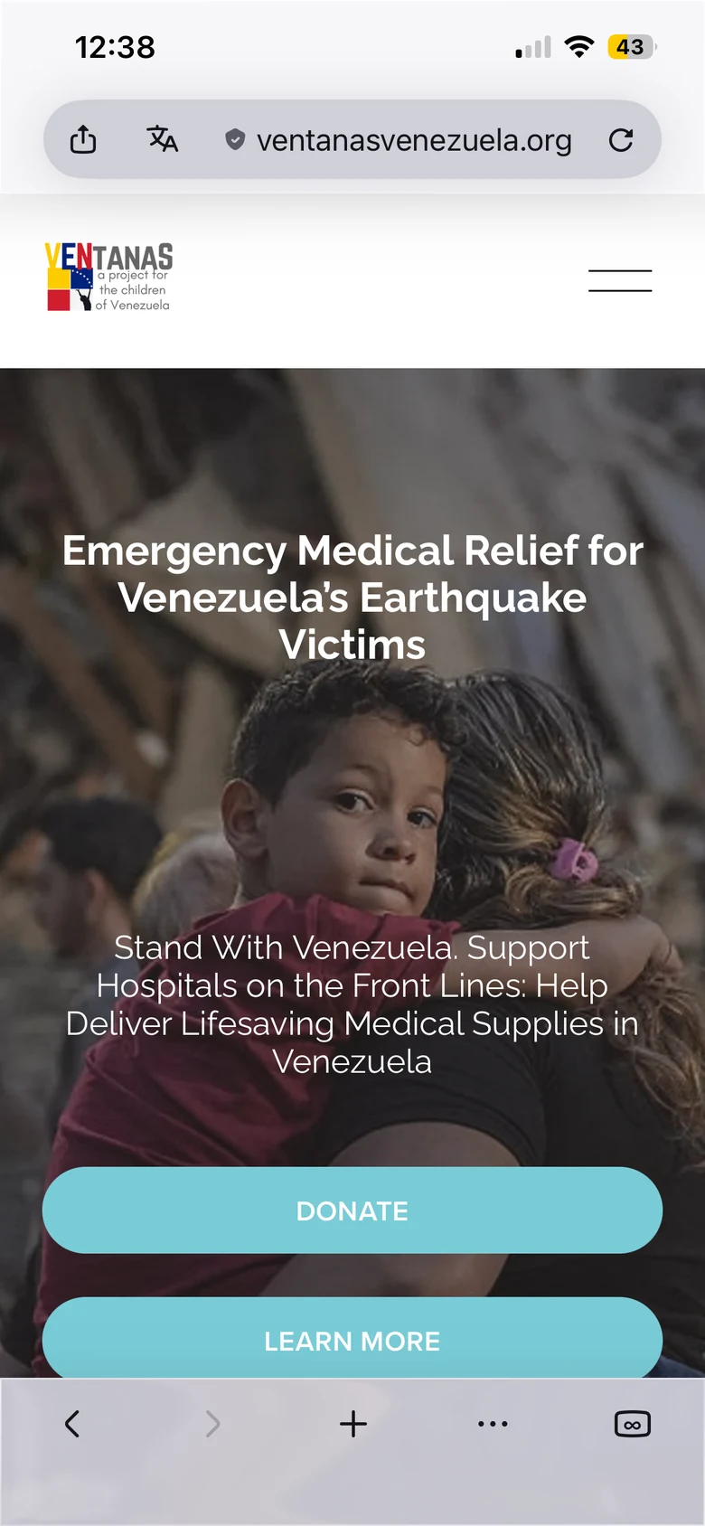 Ventanas for the Children of Venezuela website displayed on a mobile layout